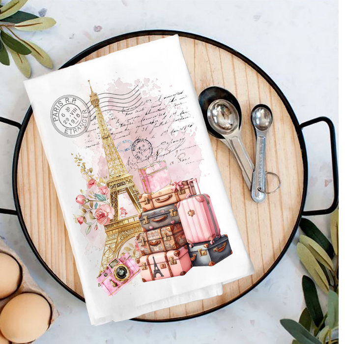 French Paris Eiffel Tower Luggage Tea Towel