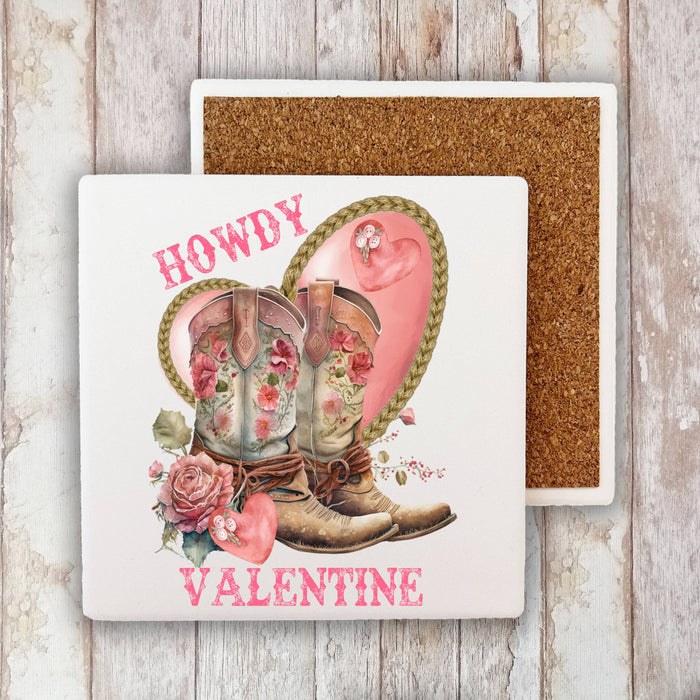 Howdy Valentine Cowboy Boots Stone Coaster