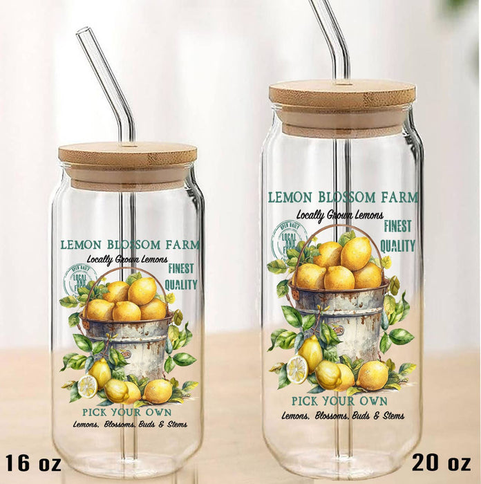 Lemon Blossom Farm Can Glass with Lid Straw