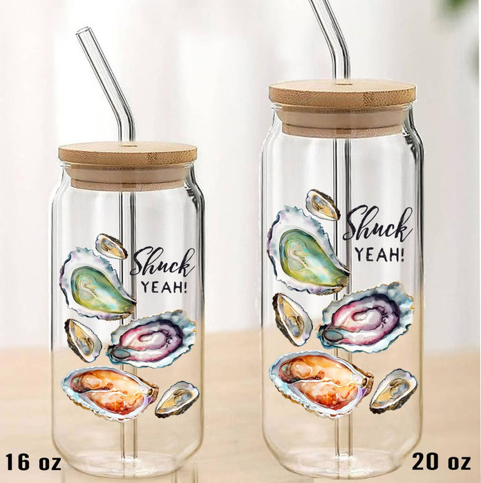 Coastal Oysters Shucks Yeah! Can Glass with Lid Straw