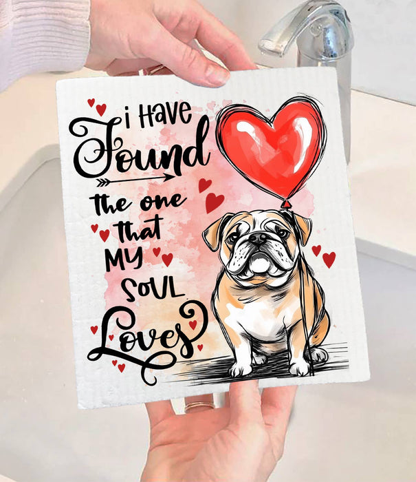 Dog Bull Dog Found My Love Valentine Swedish Dishcloth