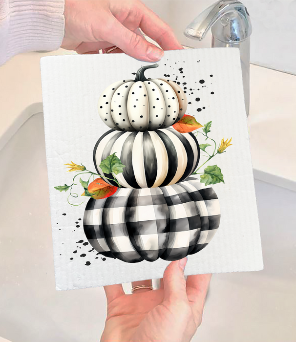 Fall Black and White Checkered Pumpkins Swedish Dishcloth