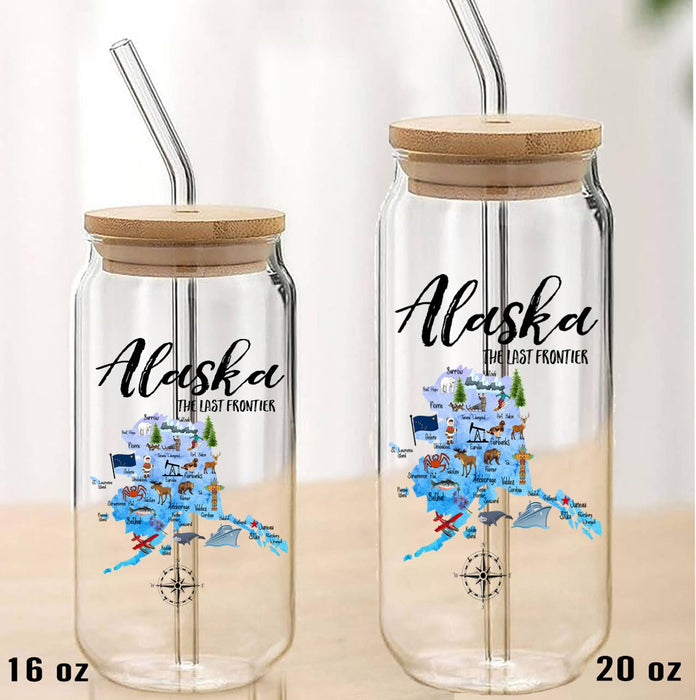 Alaska State Map Can Glass with Lid and Straw