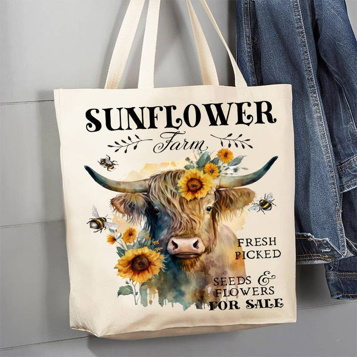 Highland Cow Sunflower Farm Canvas Tote Bag-LARGE