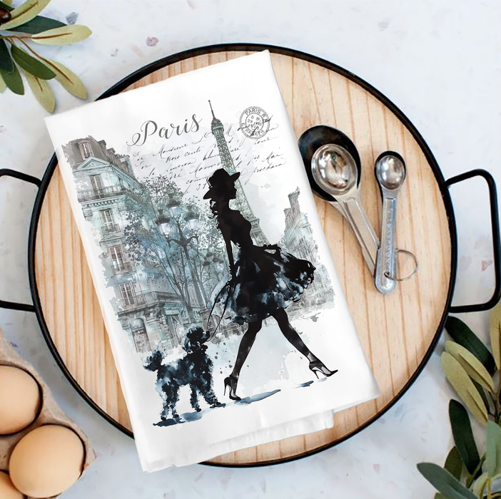 Paris French Girl Walking Dog Tea Towel