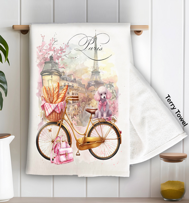 French Paris Bicycle Dog Baguettes Kitchen Terry Towel