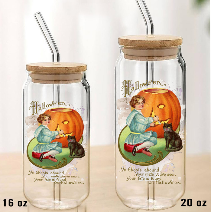 Halloween Vintage Pumpkin Black Cat Can Glass with Lid Straw