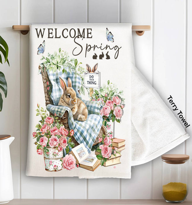 Welcome Spring Bunny Flowers Kitchen Terry Towel