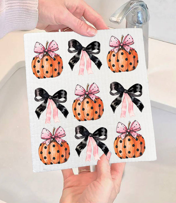 Halloween Pumpkins and Bows Swedish Dishcloth