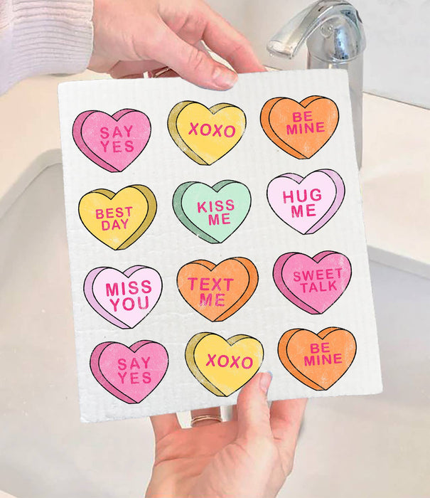 Candy Hearts Messages Valentine Swedish Dishcloth