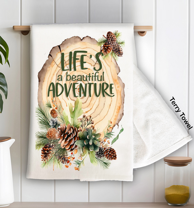 Lifes a beautiful Adventure Pine Cones Kitchen Terry Towel