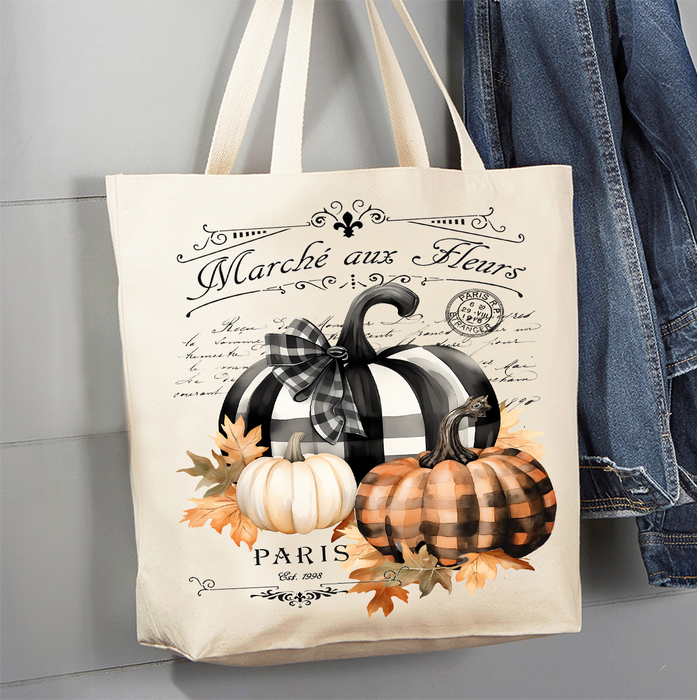 Fall French Black white Pumpkins Canvas Tote Bag