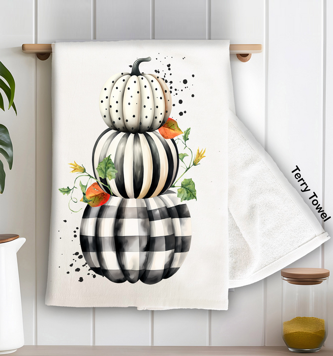 Fall Black and White Checkered Pumpkins Kitchen Terry Towel