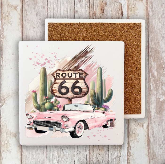 Route 66 Pink Vintage Car Stone Coaster