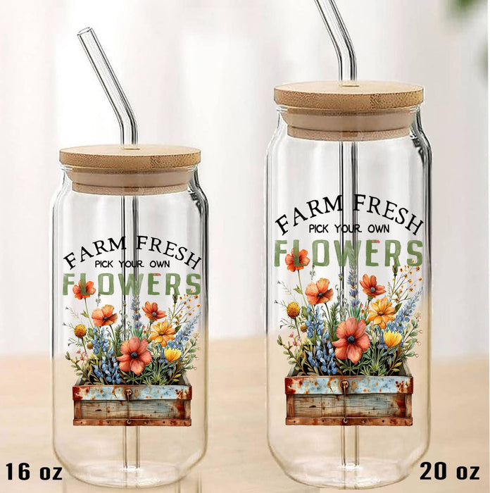 Farm Fresh Spring Flowers Can Glass with Lid Straw