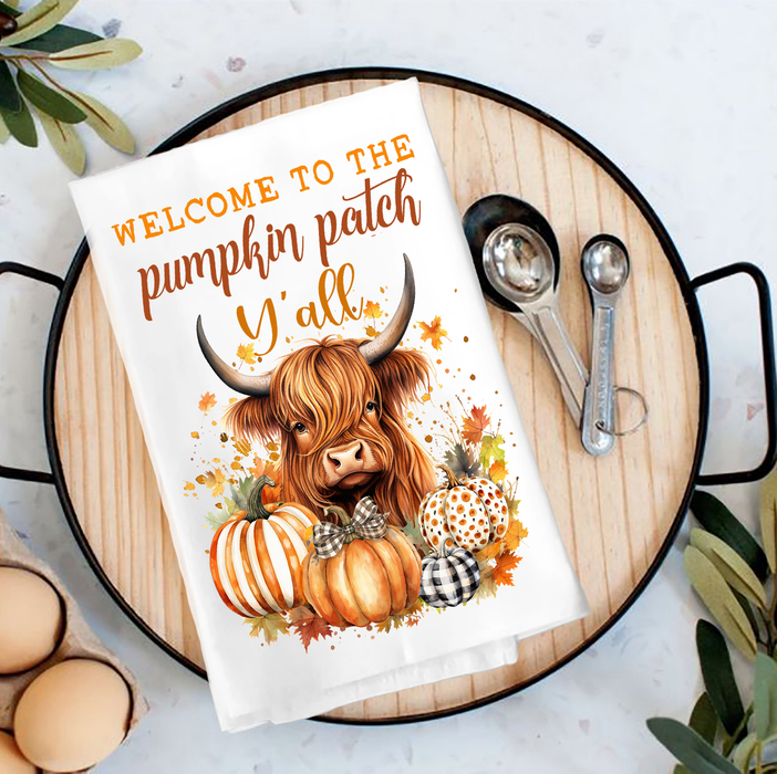 Fall Highland Cow Y'All Pumpkins Tea Towel