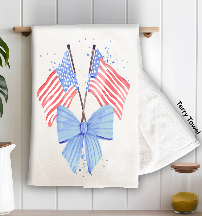 Patriotic Watercolor Flag Bow Kitchen Terry Towel
