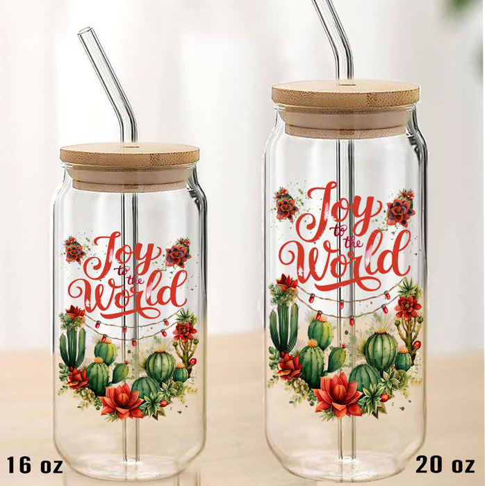 Christmas Joy to the World Cactus Can Glass with Lid Straw