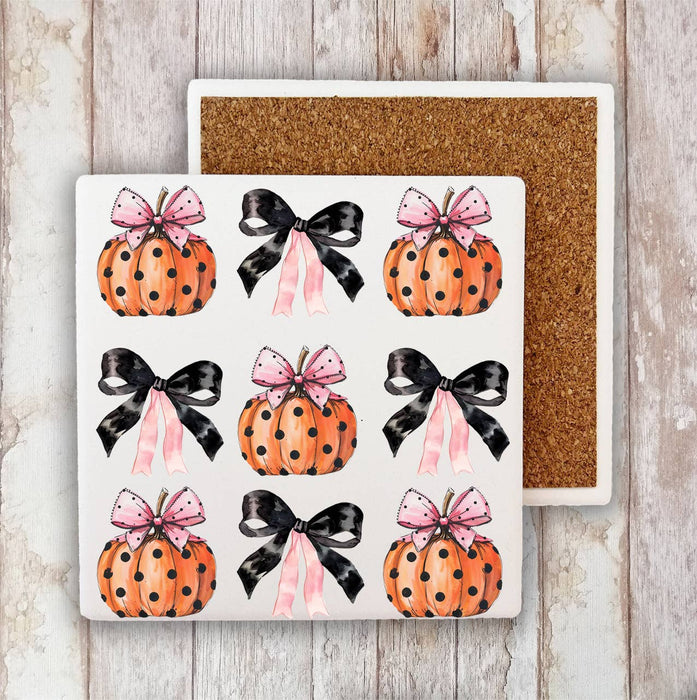 Halloween Pumpkins and Bows Stone Coaster