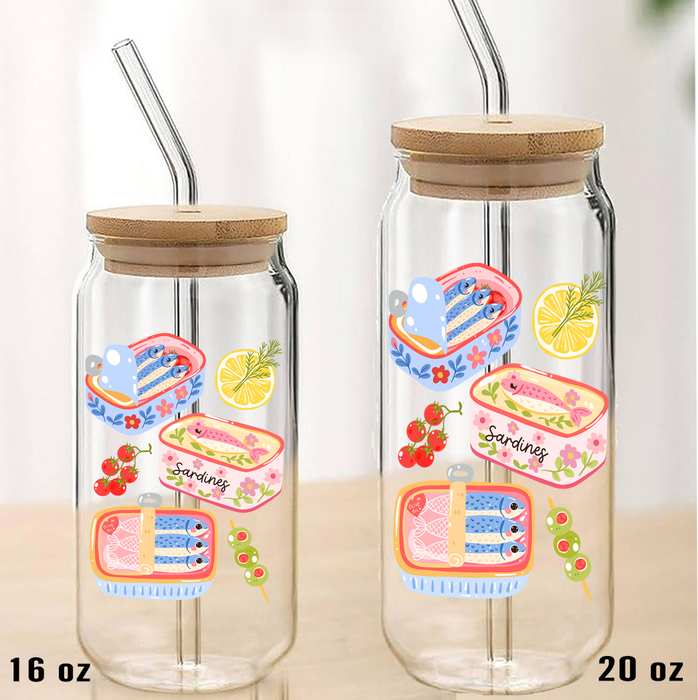 Cute Sardines in Tin fish Coastal Can Glass with Lid Straw