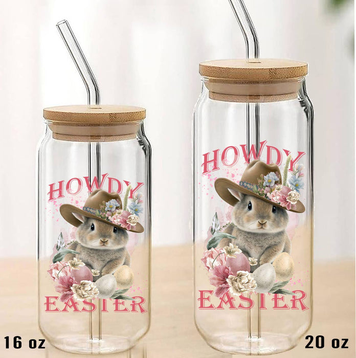 Howdy Easter Bunny Cowboy Hat Can Glass with Lid Straw