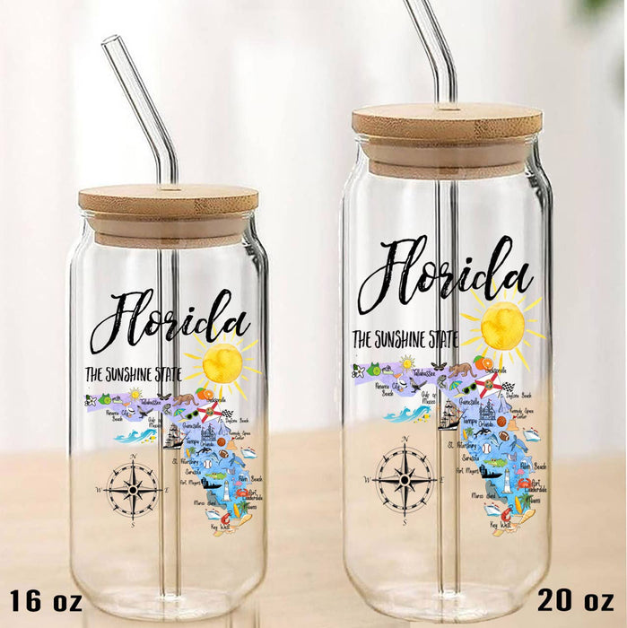 Florida State Map Can Glass with Lid and Straw