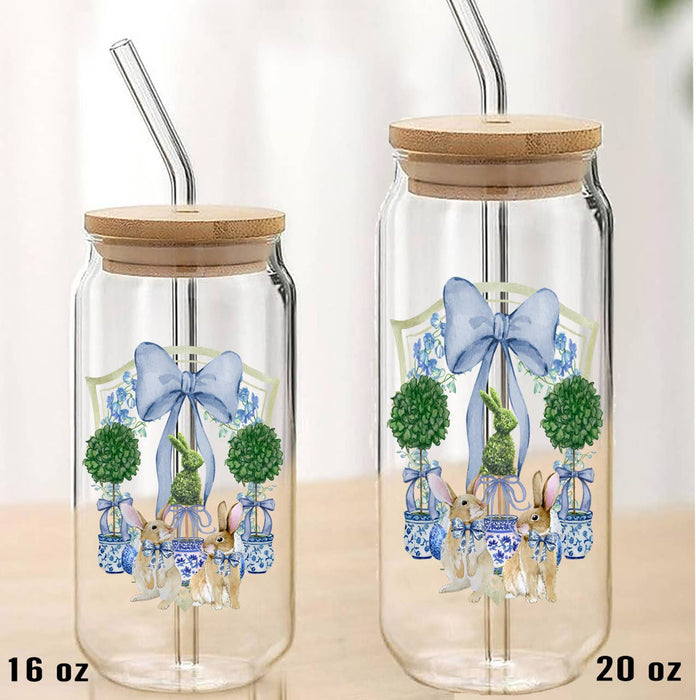 Easter Bunny Topiary Preppy Can Glass with Lid Straw