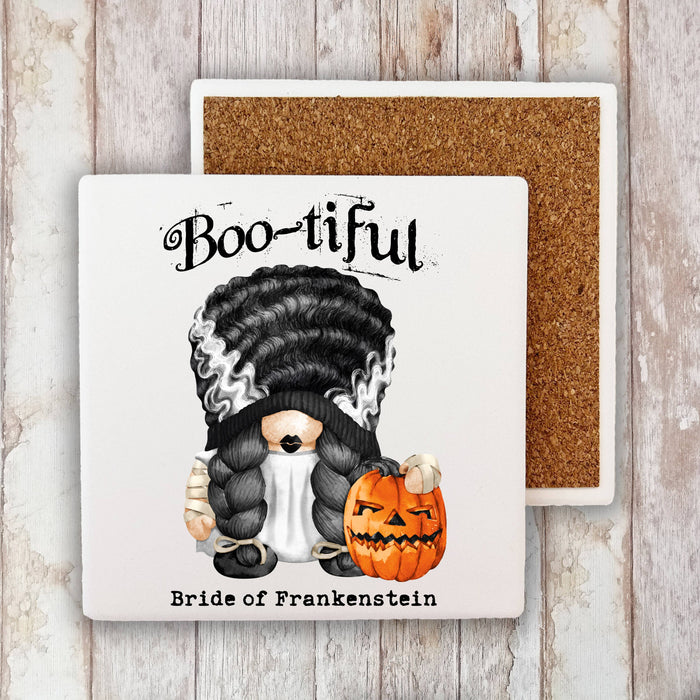 Gnome Bootiful Bride Frankenstein Halloween Stone Coaster