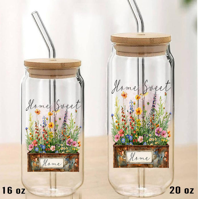 Home Sweet Home Spring Wild Flowers Can Glass with Lid Straw