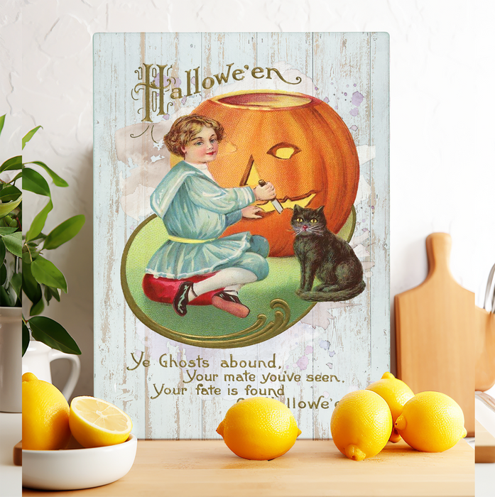Glass Cutting Board Halloween Vintage Pumpkin Black Cat