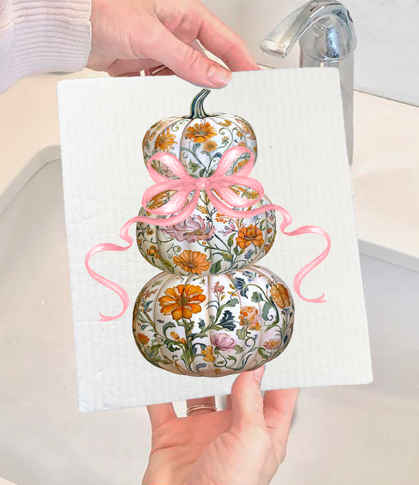 Fall Chinoiserie Floral Pumpkins Swedish Dishcloth