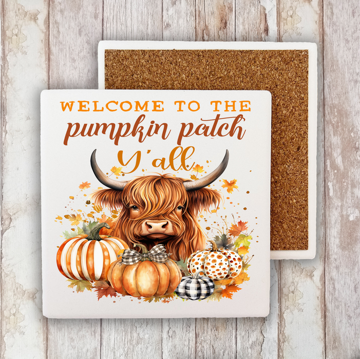 Fall Highland Cow Y'All Pumpkins Stone Coaster
