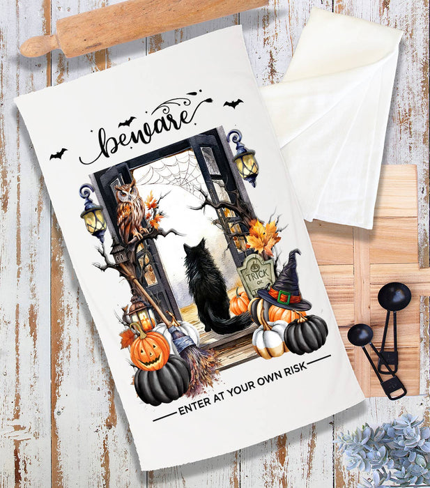 Halloween Beware Black Cat Pumpkins Terry Towel