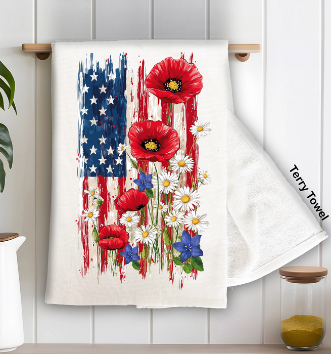 Patriotic American Flag Flowers  Kitchen Terry Towel