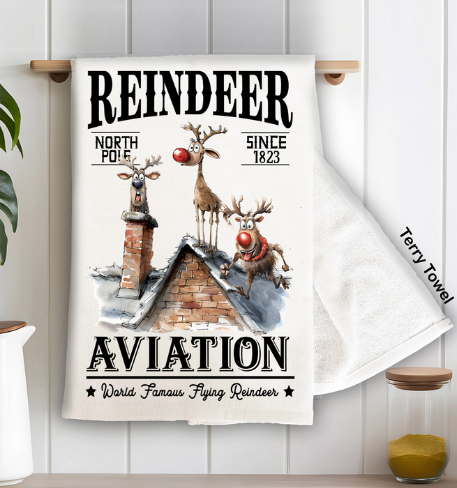 Christmas Reindeer Aviation Flying Kitchen Terry Towel