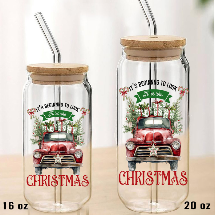 Beginning to Look Like Christmas Can Glass with Lid Straw