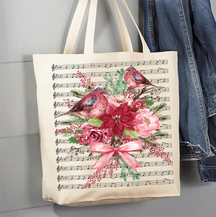 Christmas Red Cardinals Musical Notes Canvas Tote Bag
