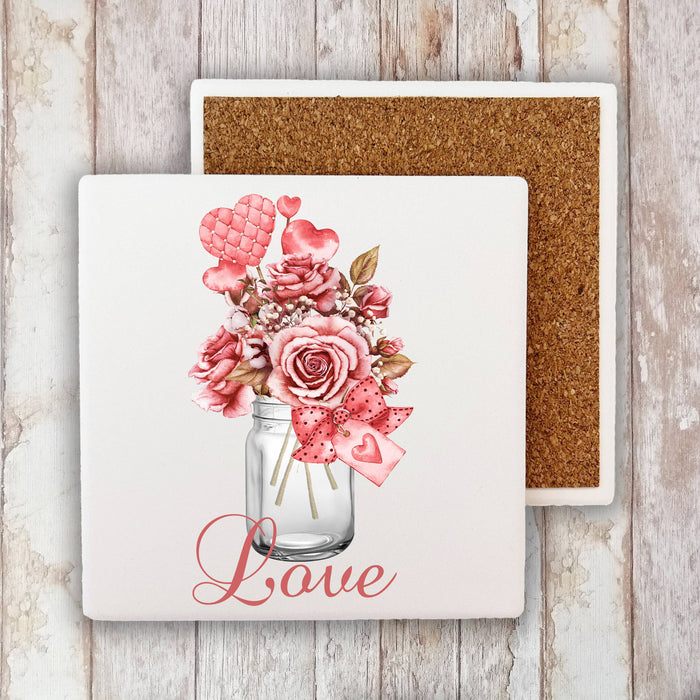 Valentine Love Mason Jar Roses Stone Coaster