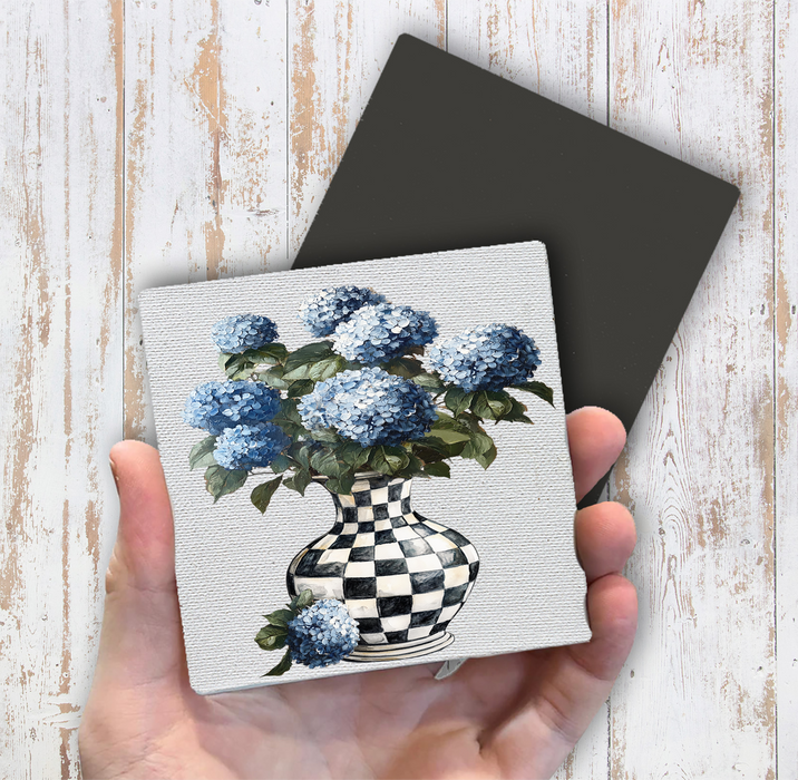 Checkered Vase with Blue Hydrangeas Magnet Fridge