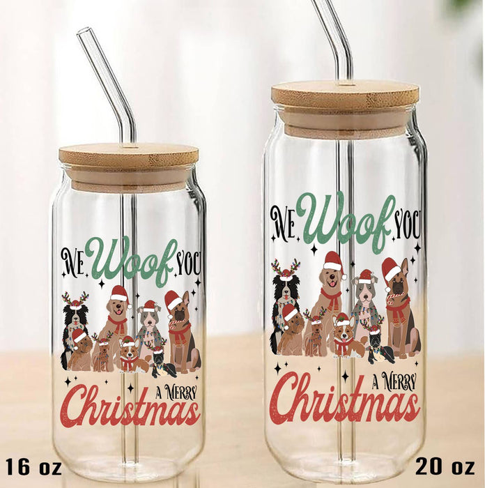 We Woof you a Merry Christmas Dogs Can Glass with Lid Straw