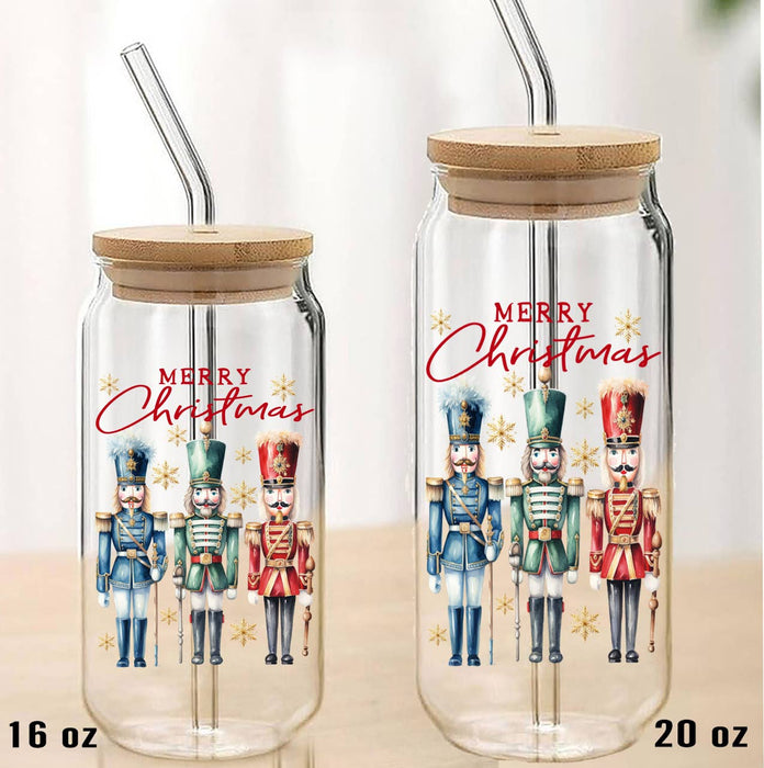 Merry Christmas Nutcrackers Can Glass with Lid Straw