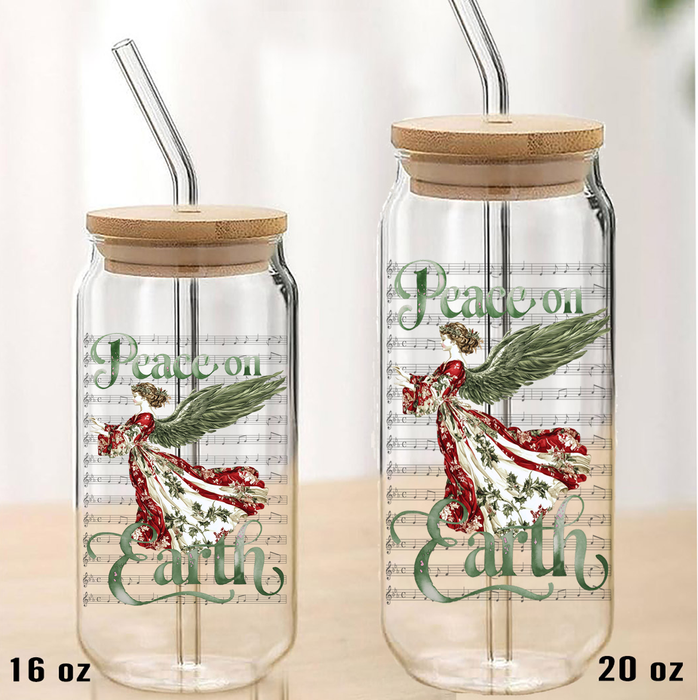 Christmas Peace on Earth Angel Can Glass with Lid Straw