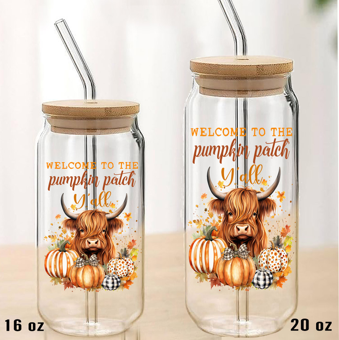 Fall Highland Cow Y'All Pumpkins Can Glass with Lid Straw