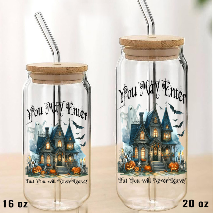 Halloween Hunted House Can Glass with Lid Straw