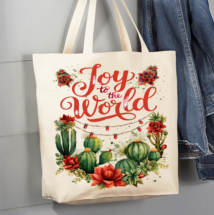 Christmas Joy to the World Cactus Canvas Tote Bag
