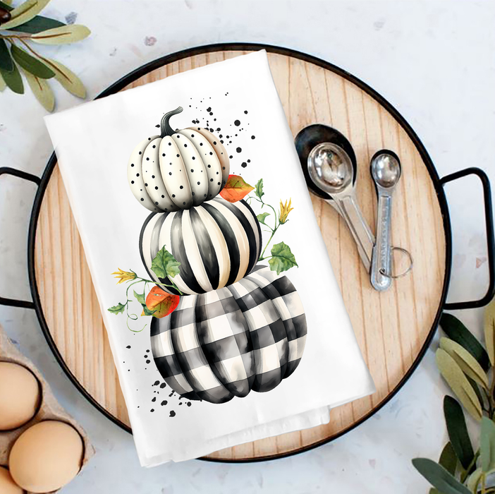 Fall Black and White Checkered Pumpkins Tea Towel