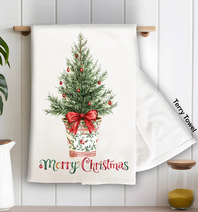 Christmas Watercolor Toile Tree Kitchen Terry Towel