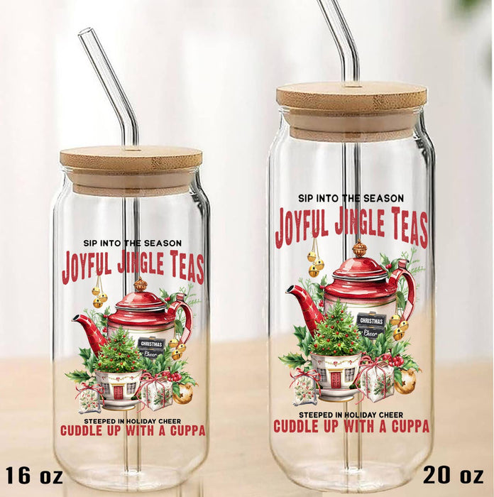 Christmas Joyful Jingle Tea Pot Can Glass with Lid Straw
