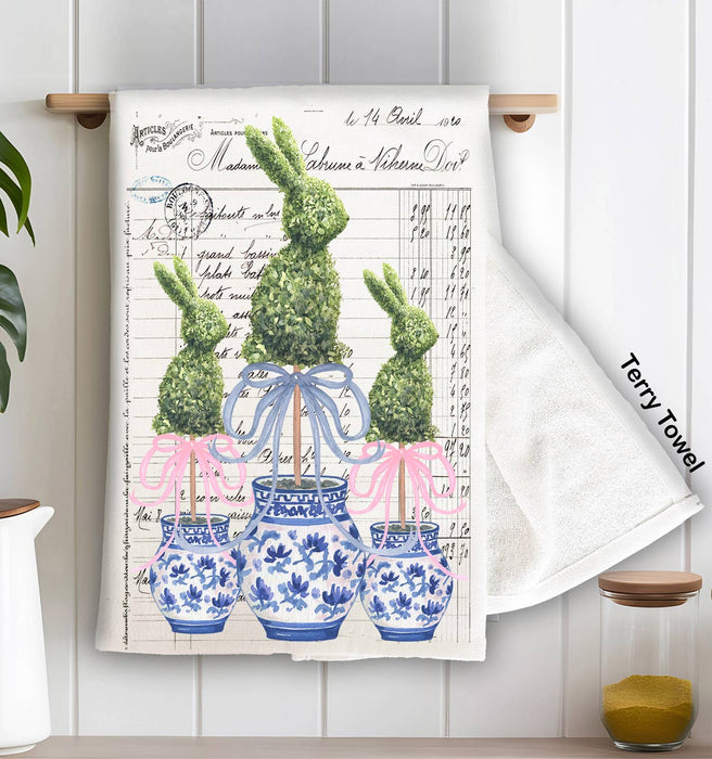 Easter Blue and White Topiary Vintage Kitchen Terry Towel