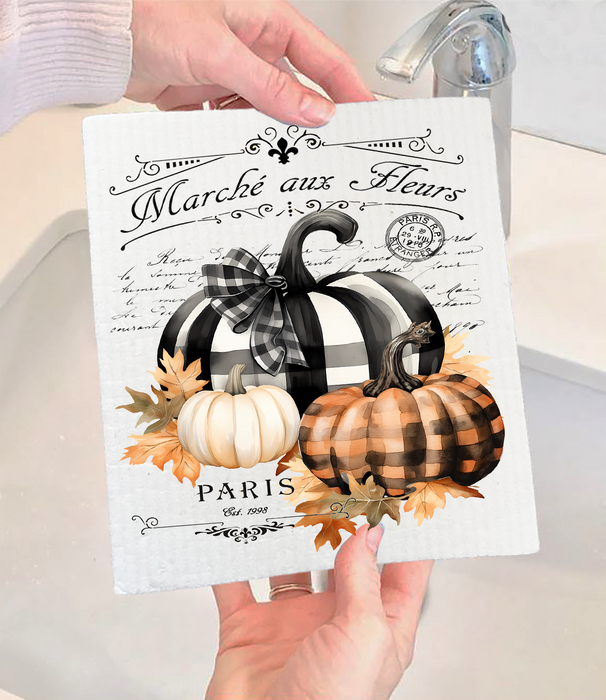 Fall French Black white Checkered Pumpkins Swedish Dishcloth